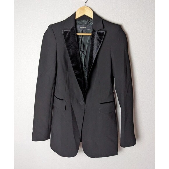 Zara Basic Blazer Womens Extra Small Black Velvet Jacket - Picture 2 of 9